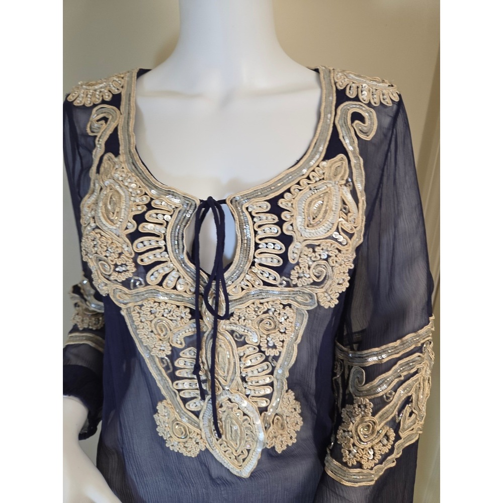 Calypso St. Barth Silk Embroidered Sequin Tunic Navy Blue Boho Coverup Medium - Picture 2 of 14